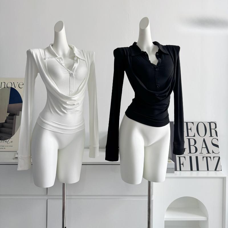 French Elegant Swing Collar Fake Two Piece Tops Women White Black Slim Fitting Long-sleeved T-shirt Korean Fashion Patchwork Casual Clothes