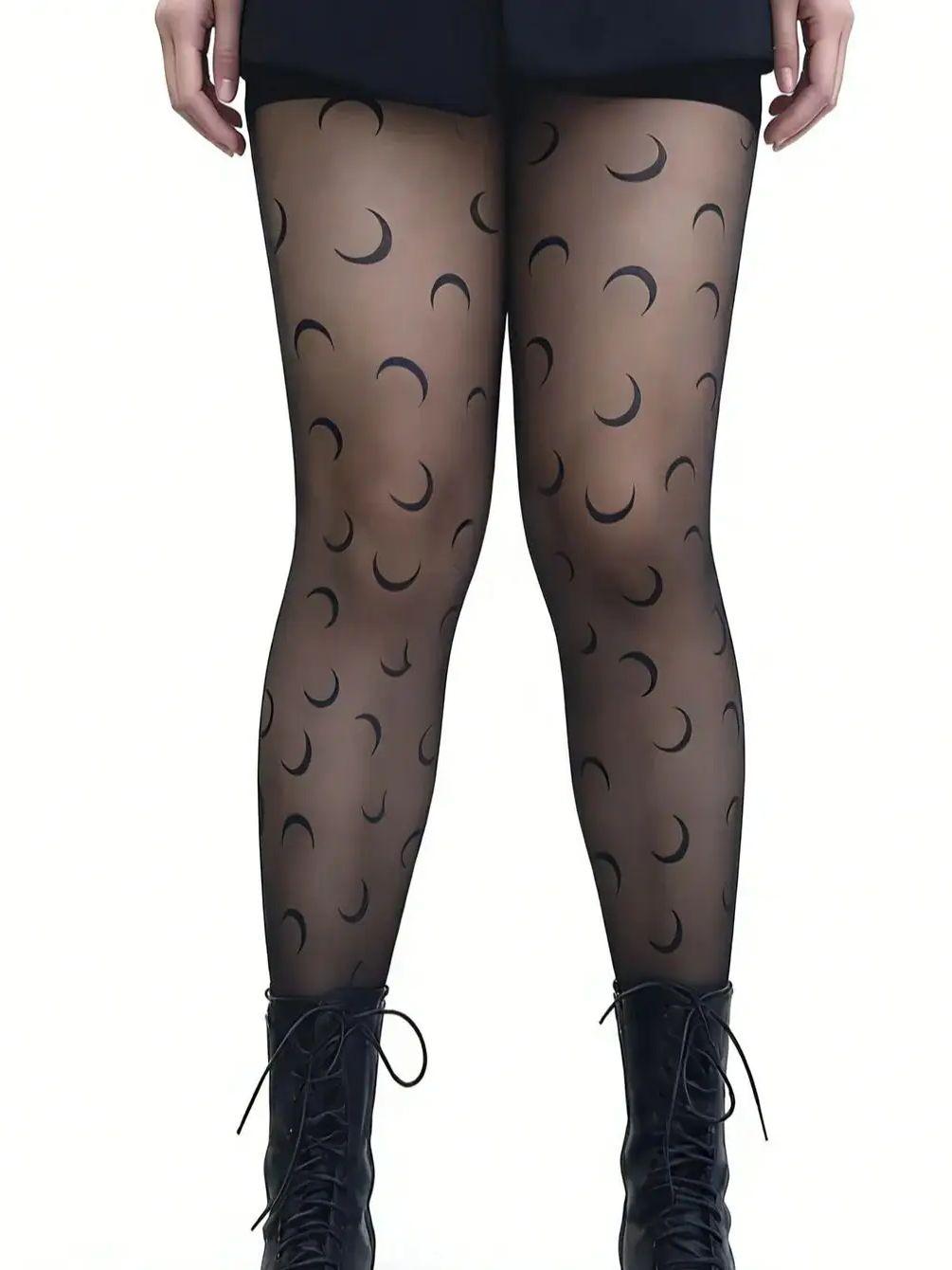 

1 Piece Black Moon Print Sheer Pantyhose For Women, Valentine S Day Exclusive, Romantic Moon Pattern, Anti-Snag & Slimming, Perf One Size