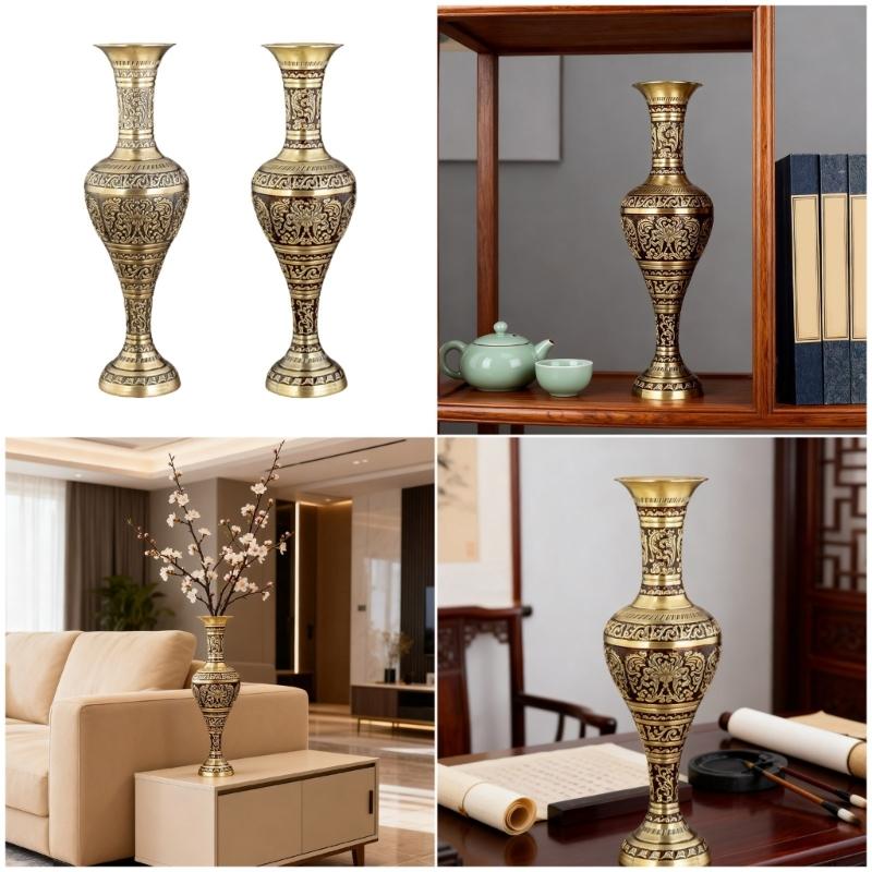 Antique Metal Vases with Embossed Geometric Pattern Dried Flower Arrangements Container for Table Centerpieces Decors