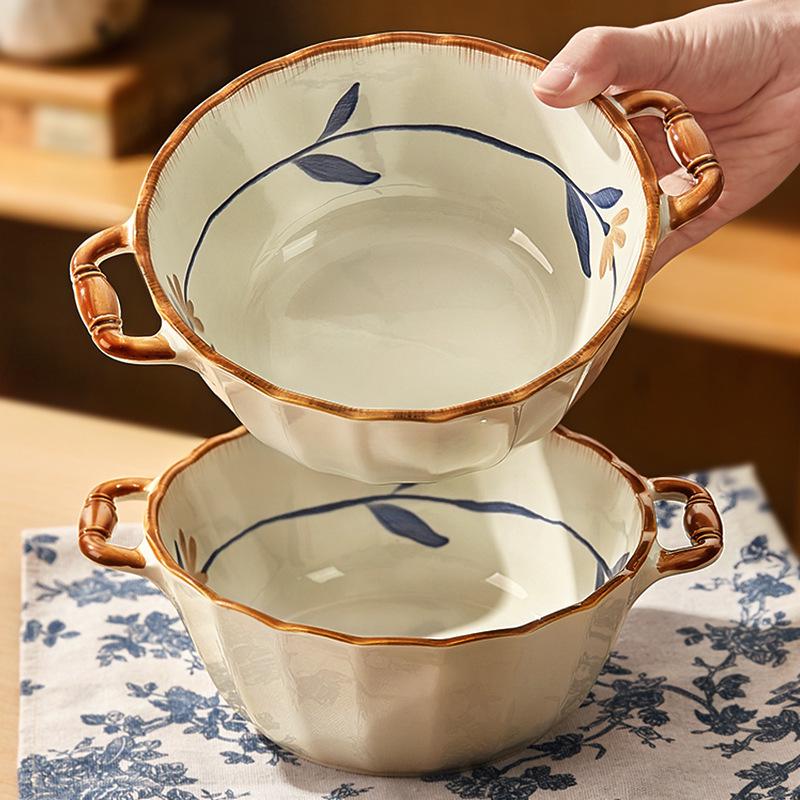 New Double-Ear Ceramic Soup Bowl - 10-Inch Underglaze Large Noodle Bowl for Chinese Household