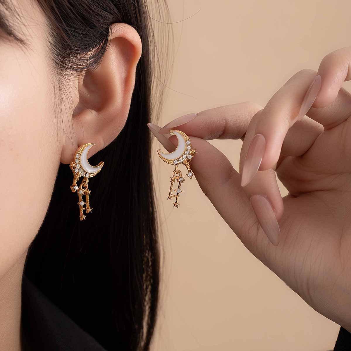 Moon & Star Tassel Rhinestone Earrings - Fashionable Silver Needle Studs