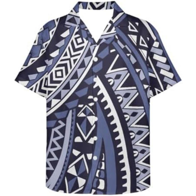 Men Polynesian Tribal Floral Print Short Sleeve Shirt S
