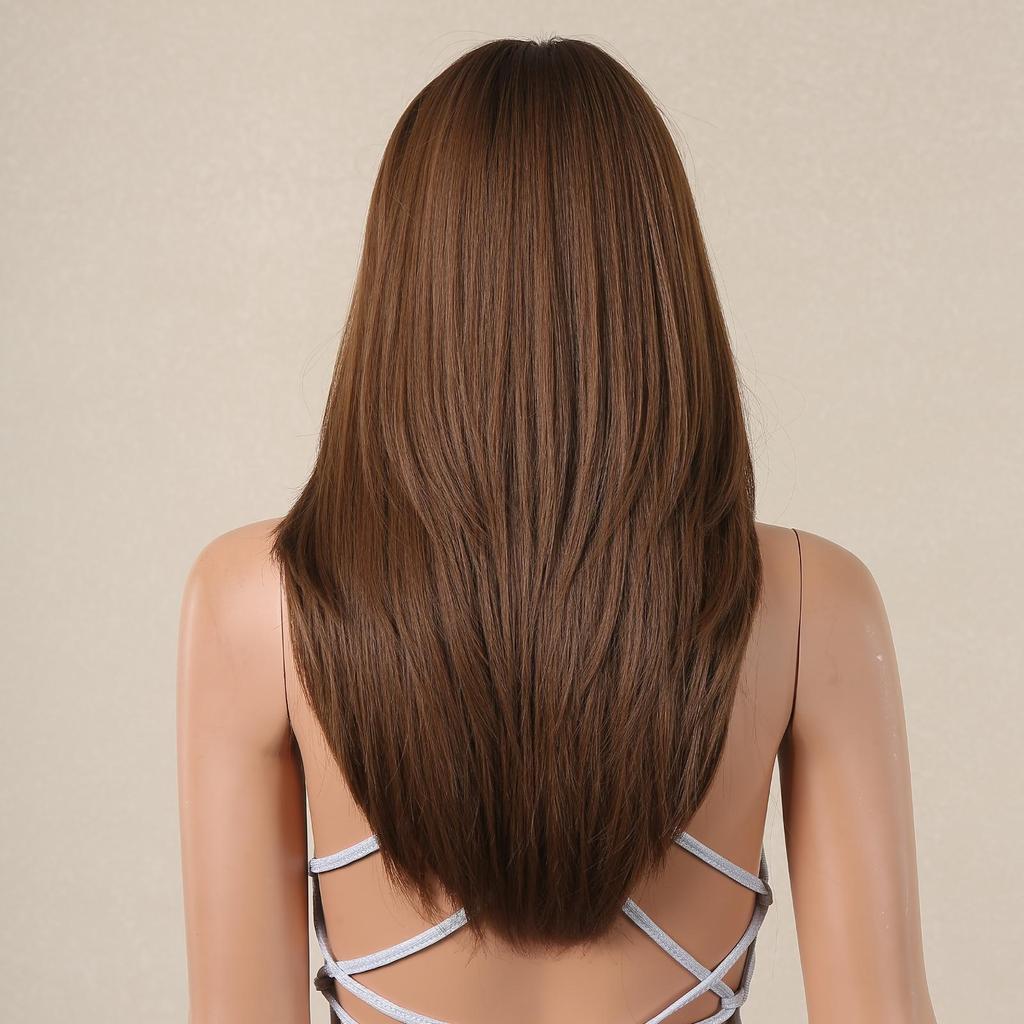 HAIRCUBE Long Straight Brown Synthetic Wigs for Women Natural Hair Dark Roots Wigs With Bangs Daily Party Heat Resistant Wigs