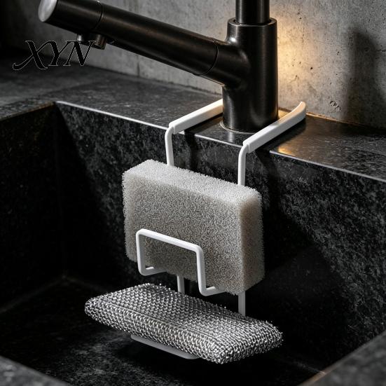 Adjustable Faucet Rack Kitchen Sink Sponge Holder, Double Layer Iron Organizer, Rustproof Utility Hollow Design Storage for Dish Soap And Cleaning