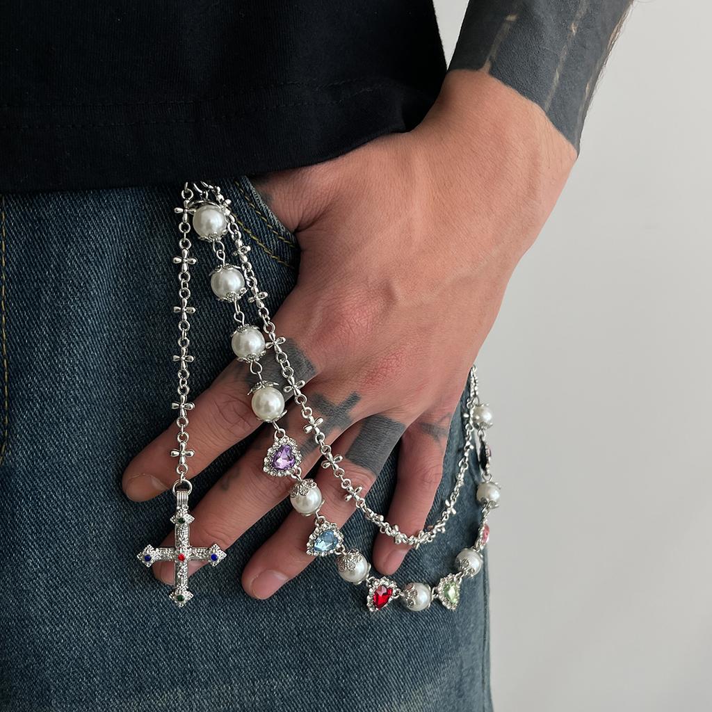 Design Imitation Pearl Flower Chain Trouser Chain, Hip-Hop Color Diamond-Encrusted Cross Waist Chain Pendant