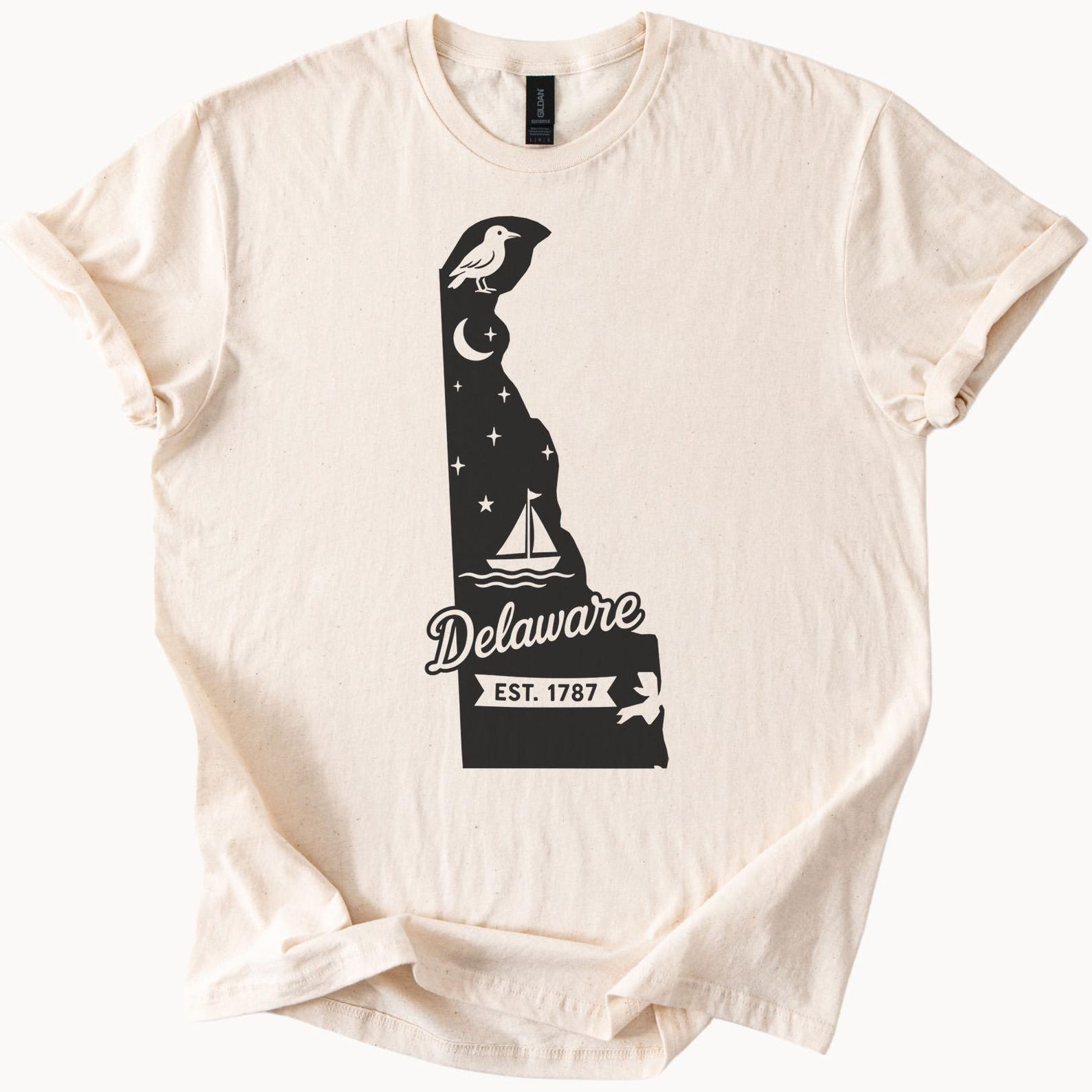 Delaware State Outline Graphic T Shirt with Bird Sailboat Crescent Moon and Stars Est 1787 Unique Delaware Pride Shirt 150