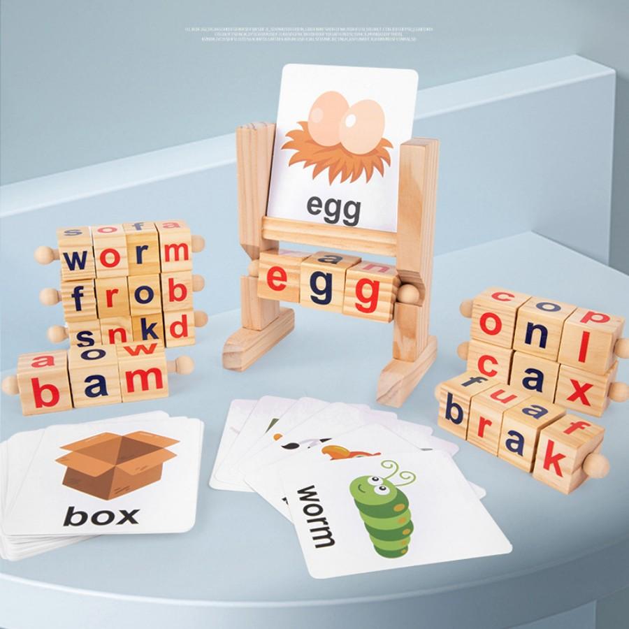 Children's Educational Toys Enlightenment Early Education Wooden Rotating Alphabet Spelling Building Blocks Cognitive Alphabet Memory Rack