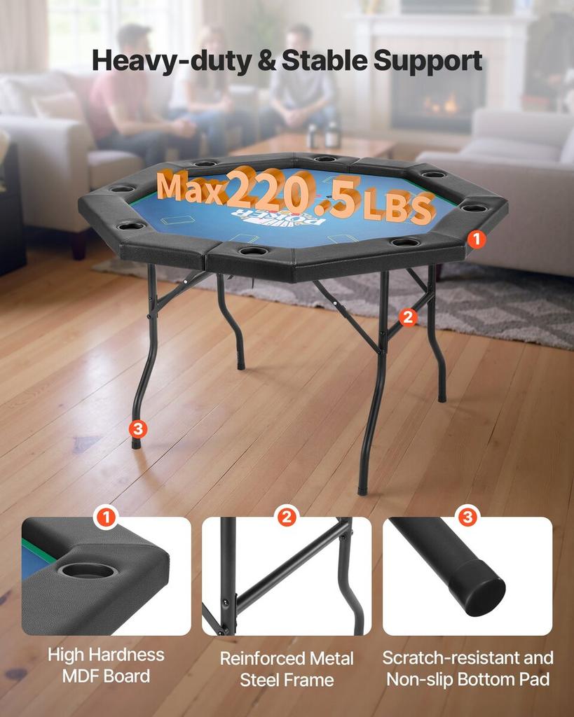 Foldable Poker Table, 8 Player 1220 mm Folding Casino Leisure Table with Padded Rails & Cup Holders, Octagonal Portable Game Tables with Felt & Metal