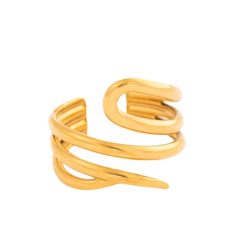 Adjustable Stainless Steel Cross-Border Ring, Titanium Colorfast, Vacuum Electroplated 18K Gold Finish, Oil Press Design.