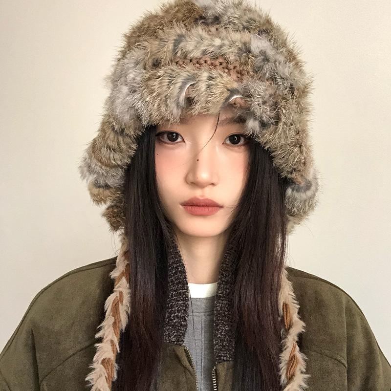 Rabbit Hair Blended Hat for Women In Autumn and Winter Thickened Warm Wool Hat Cold Protection Ears and Face Small Bag Head Hat Pullover Hat