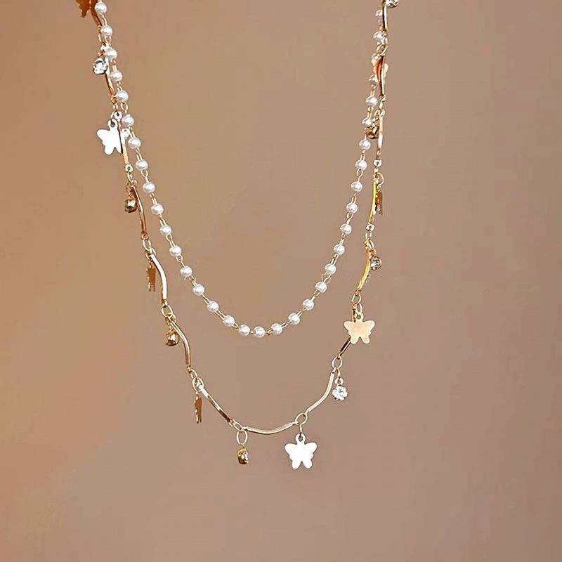 Korean Style Double Layer Pearl Gold Butterfly Necklace - Luxury Simple Sweater Chain