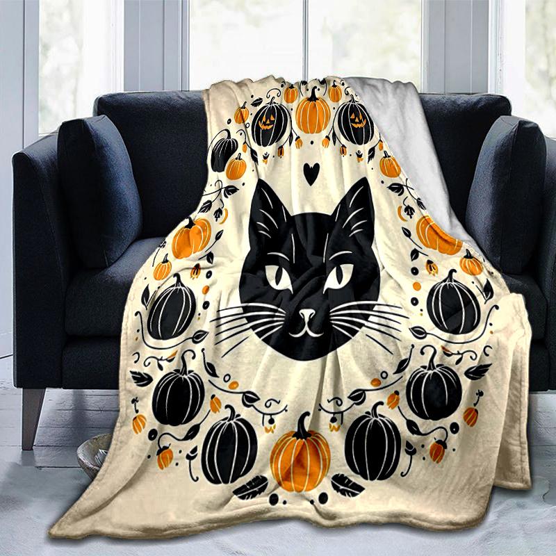 1pc Black Cat and Pumpkin Ideas Blanket  Soft and Cozy Home Decor Gift for Friend, Suitable for All Seasons, Living Room, Travel, Camping