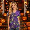 Women V Neck Short Sleeve Work Top with Pockets Halloween Themed Printed Scrub Shirt for Healthcare Professionals