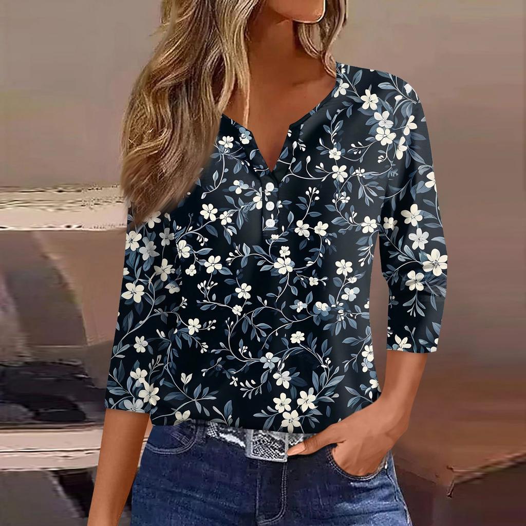 Dámské tričko s potiskem, knoflíky, 3/4 rukávy, pro každý den, na víkend, módní, základní, s výstřihem do V, běžný top