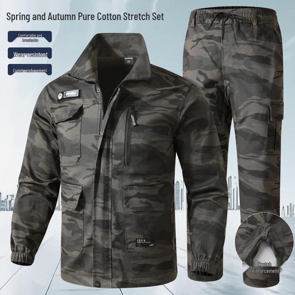 Unisex Spring/Autumn Camouflage Workwear Suit - Elastic, Anti-scalding, Wear-resistant Cotton for Welders and Auto Repair