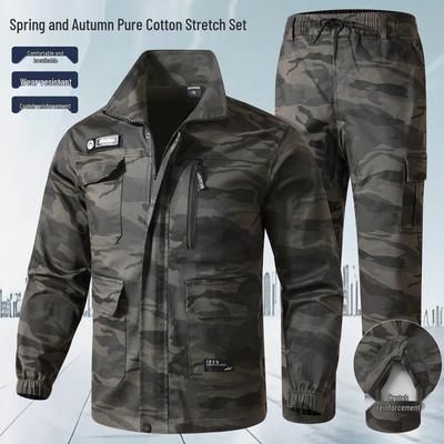 Unisex Spring/Autumn Camouflage Workwear Suit - Elastic, Anti-scalding, Wear-resistant Cotton for Welders and Auto Repair