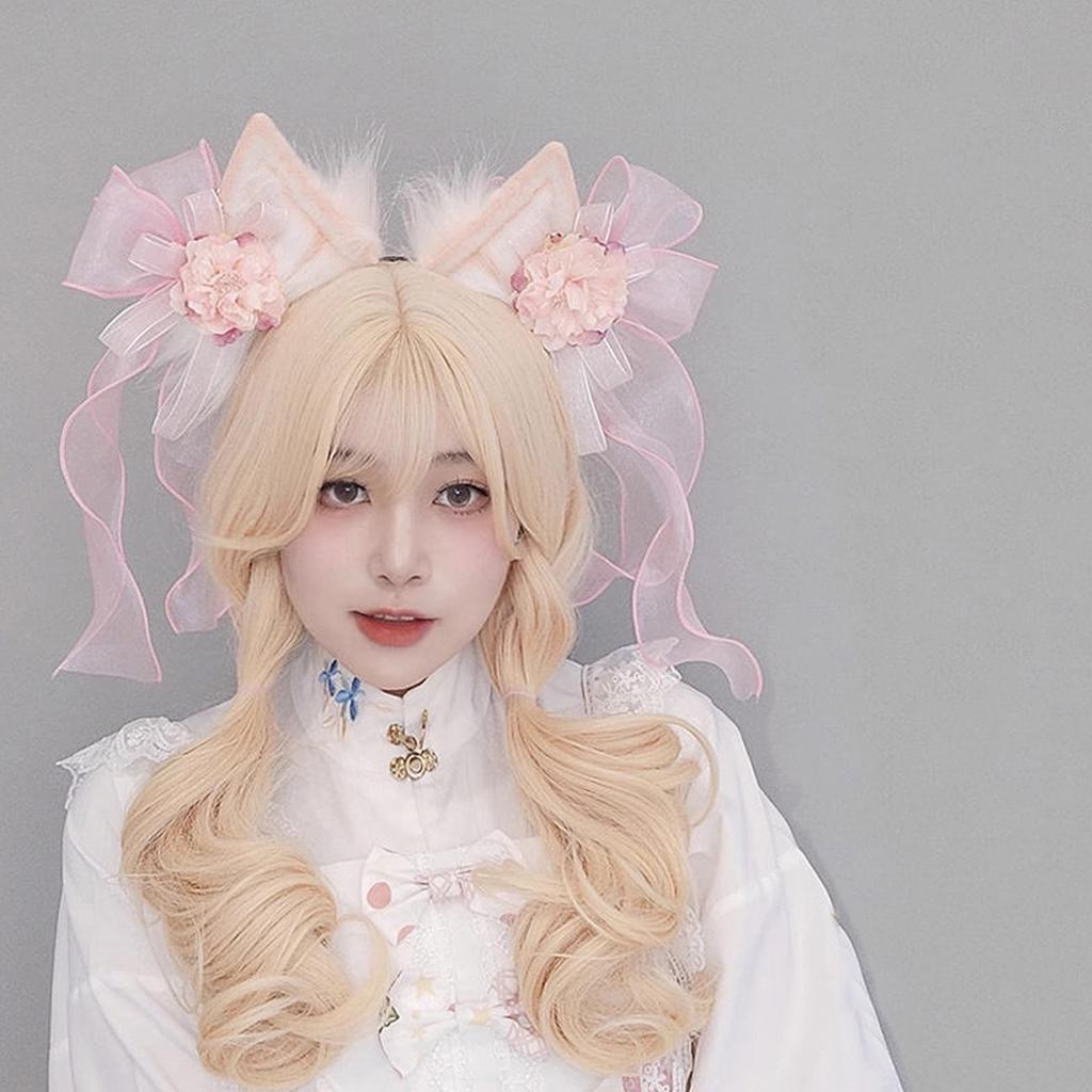 Sweet Students Woman Cat Ear Hairband with Flower&Bowknot Gorgeous Cat Ear Headbands Chinese Style Hanfu Hair Hoop