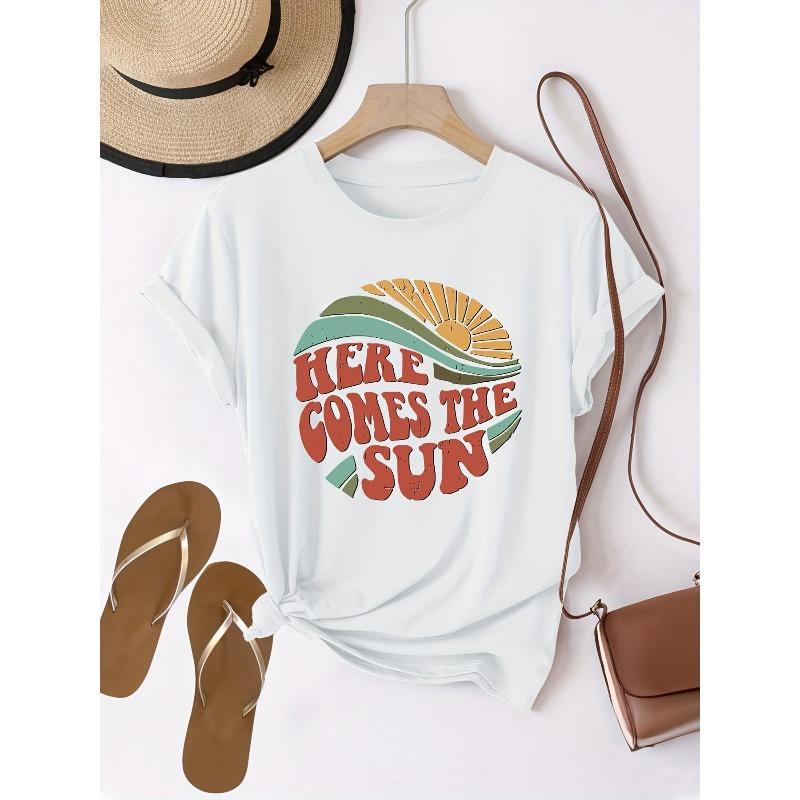 Women Graphic Print T-Shirt Crew Neck Short Sleeve Spring Summer Casual Top