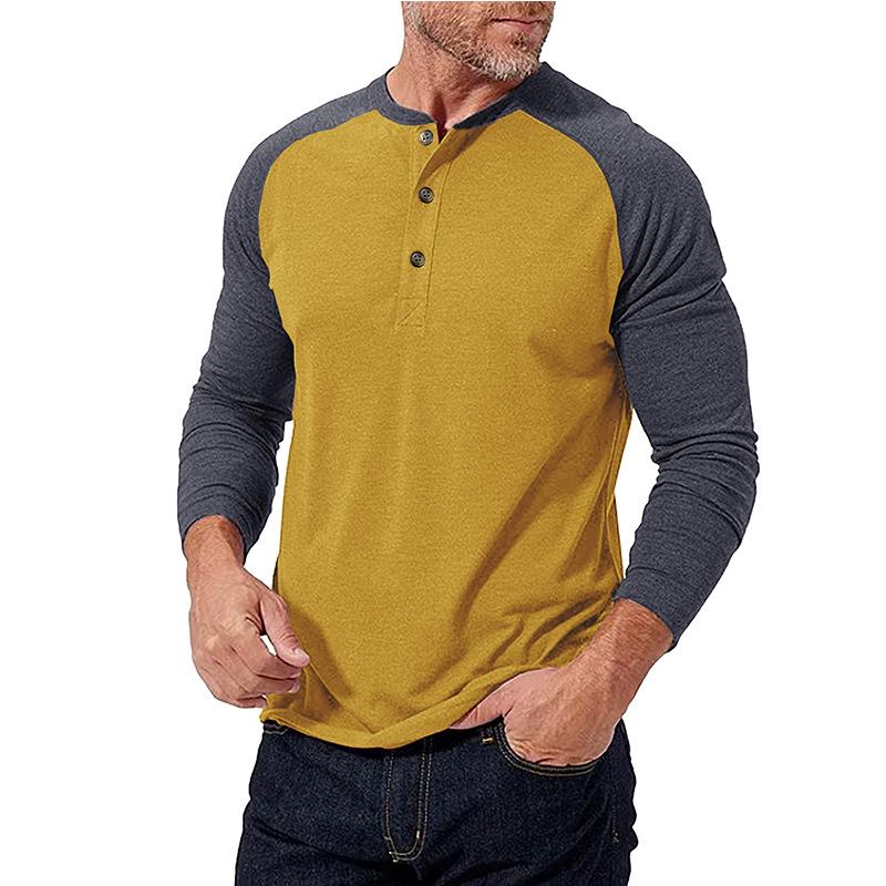 New Autumn and Winter Men's Long-sleeved Color-blocked Henry Shirt Men's Round Neck T-shirt Spliced Contrasting Color Slim Body