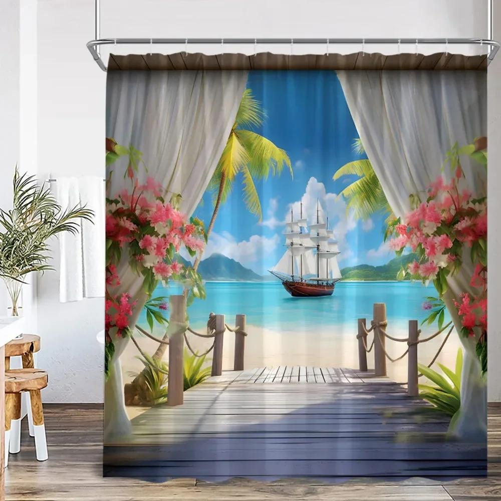 Moderní Krása Plážová Krajina Sprchový Závěs Letní Dovolená Plážová Krajina Plachtění Koupelnová Dekorace Sprchový Závěs
