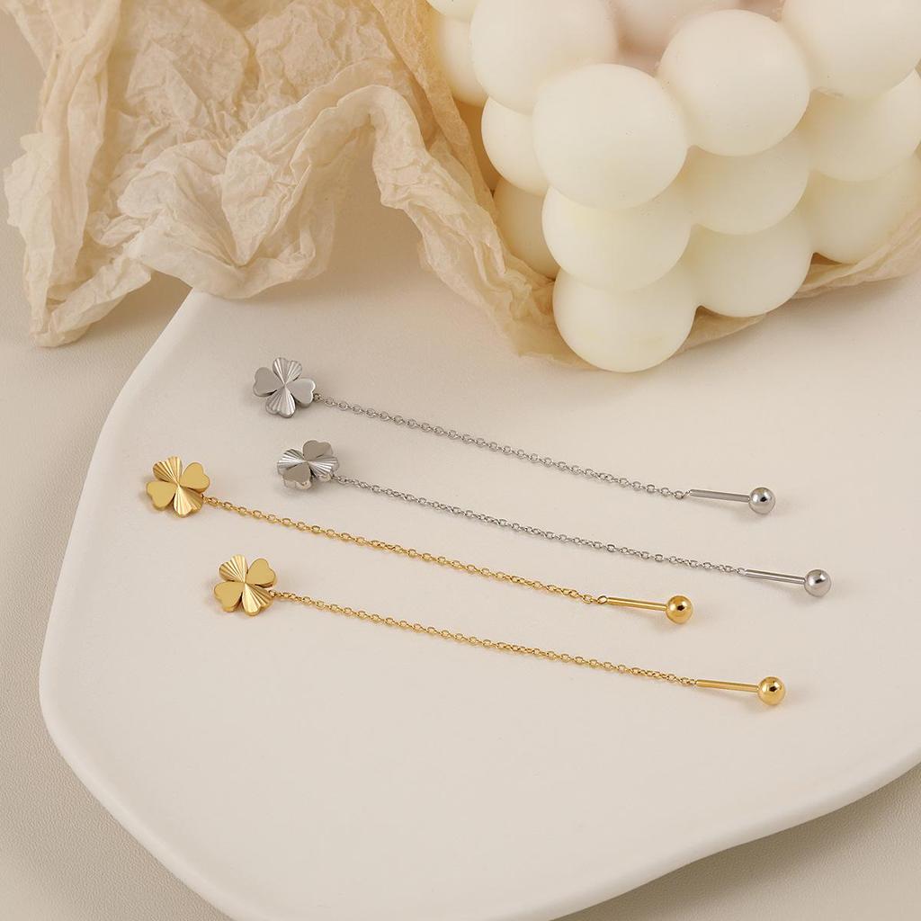 Korean High-End Laser Heart Four-Leaf Clover Earrings - Women's Fashion Titanium Steel