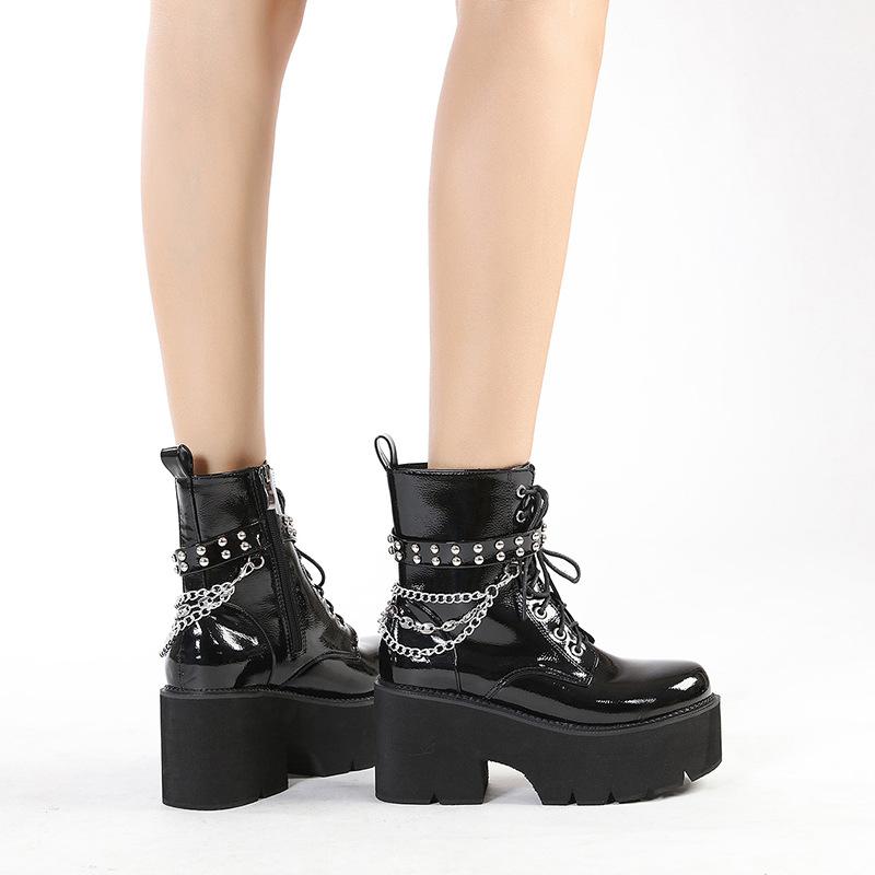Fashion Women Boots Punk Style Platform Boots High Quality Leather Gothic Women Ankle Booties Chain Chunky Thick Sole Boots Botas Mujer