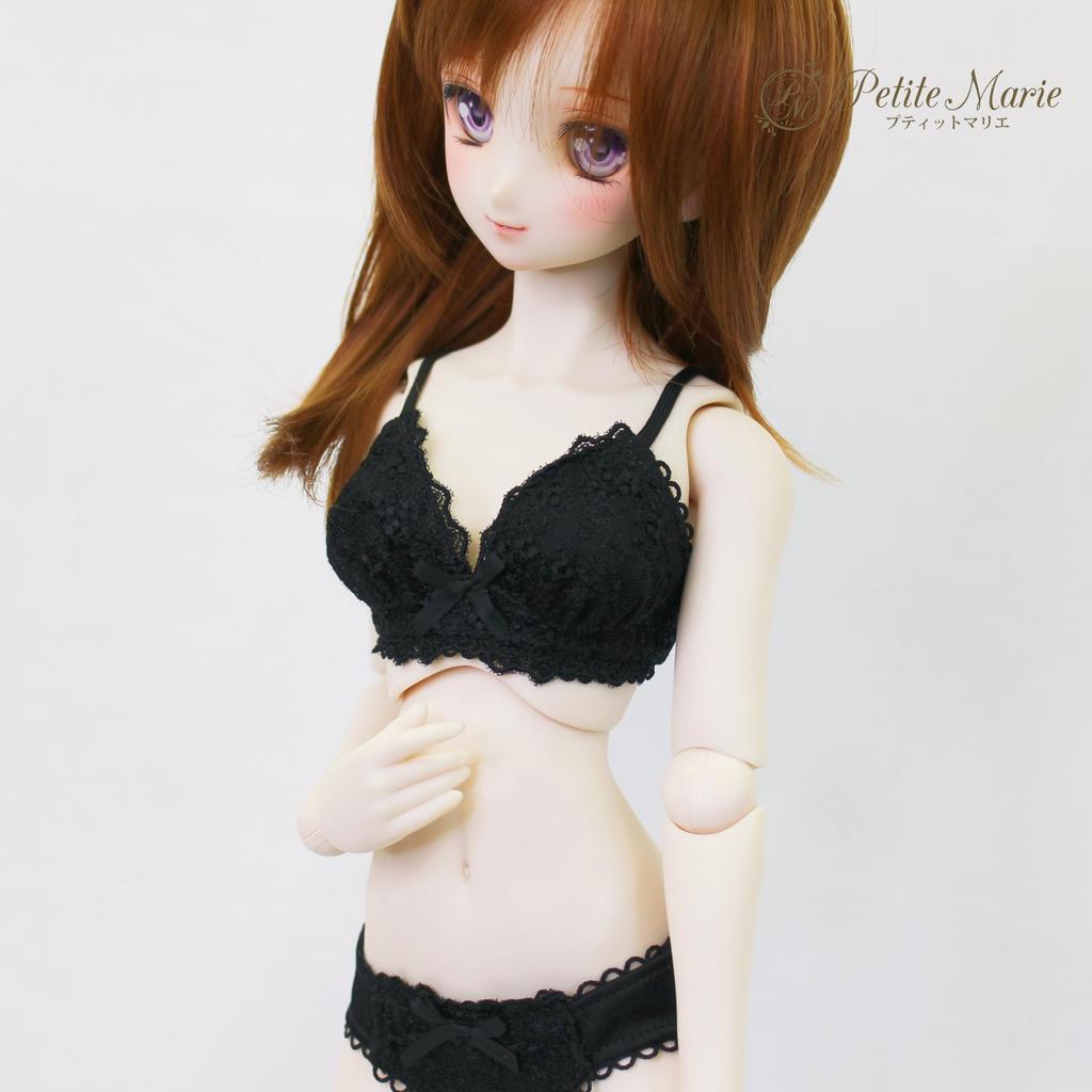 [Petite Marie] 13 DD DDS M Bust Compatible Lingerie Set: Bra and Panties Set, Black, Smooth Material, Floral Embroidery, Floral Lace, 60cm Doll, BJD