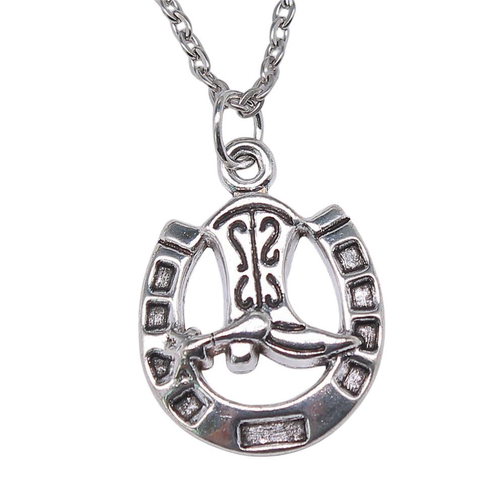 Hammered Horseshoe Pendant Necklace Western Cowboy Lucky Charm 40cm Short Chain
