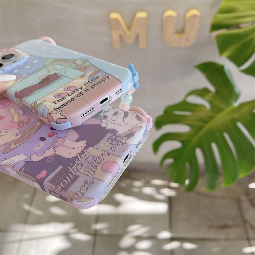 For iPhone 16 Pro Case IMD Cartoon Pattern TPU Phone Cover with Beaded Strap