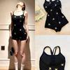 Womens High-Waisted Competitive Swimsuit With Gold Embroidery Padded Bust Double-Layered Low-Cut Fit