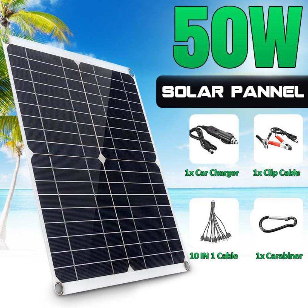 12V Charger 50W Solar Panel Camping High Conversion Efficiency Multi-layer Laminate Lightweight Portable Design