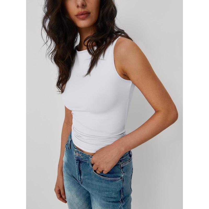 Womens Solid Boat Neck Sleeveless Ruched Slim Fit Crop Top