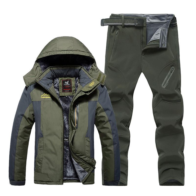 Men's 2023 Winter Hooded Ski Suit with Fleece Lining - Thick, Waterproof & Windproof Pants Set
