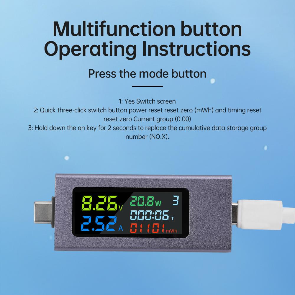 USB+Type-C Multifunktions-Spannungs-/Strom-/Leistungsmesser IPS Farbdisplay Kapazitätstester Unterstützung PD3.0/PPS/QC3.0/AFC/PE