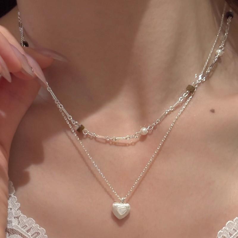 Maillard Tiger Eye Heart Layered Necklace Chic Minimalist Clavicle Chain Women