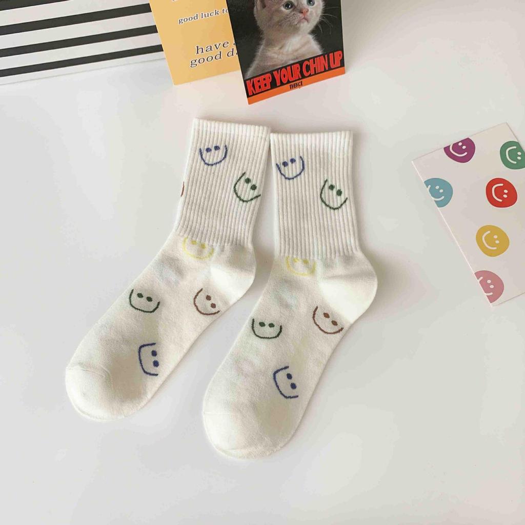 Korean Smiley Face Women's Mid-Calf Socks, Cute Japanese Style, Internet Trend, Pure Cotton for Spring, Autumn, Winter