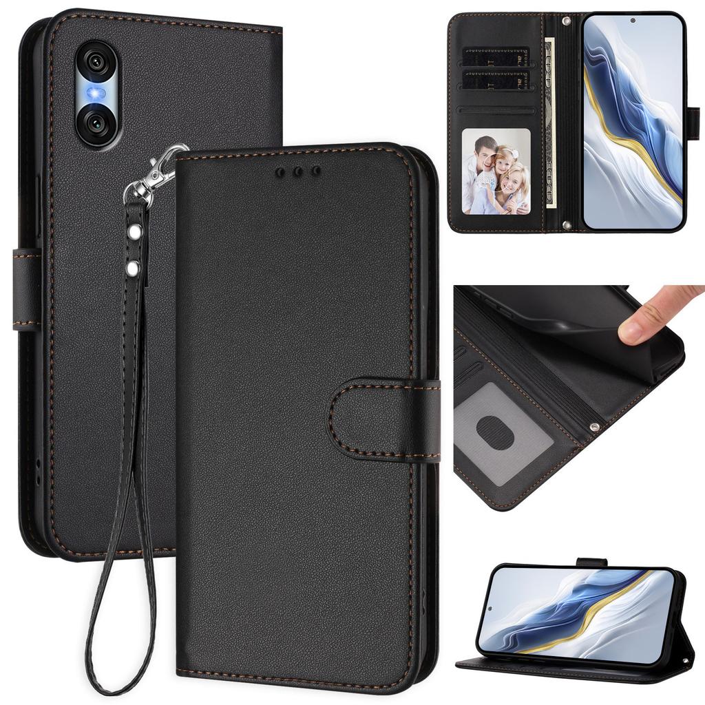 For Sony Xperia 10 VI Leather Case Wallet Stand Phone Cover with Wrist Strap