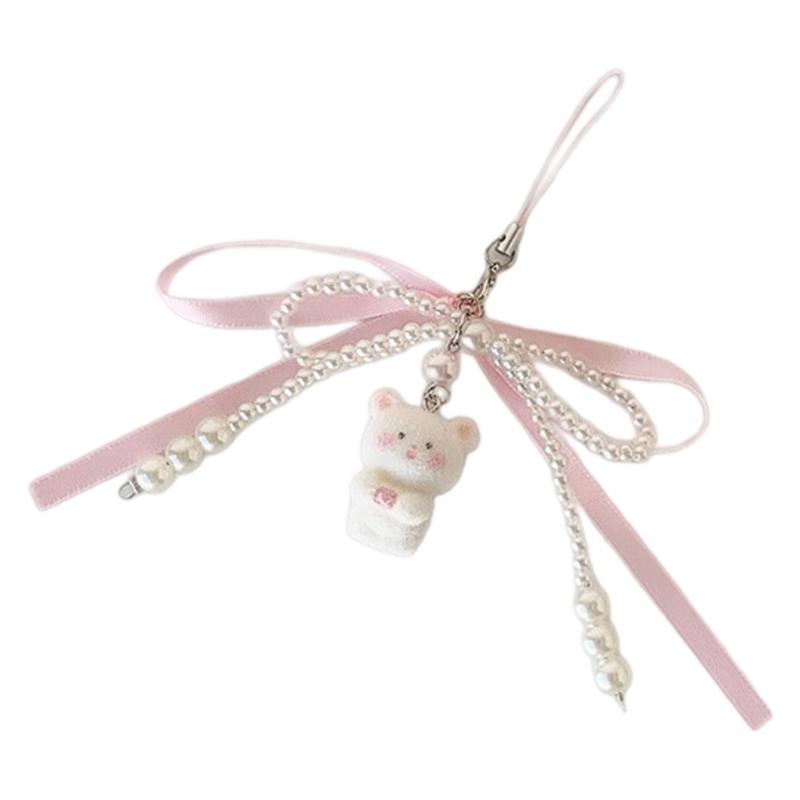 

Flocking Bear Keychain With Pearls Ribbon Bowknot Charm Practical Key Holder Bacpack Accessory For Women Girls
