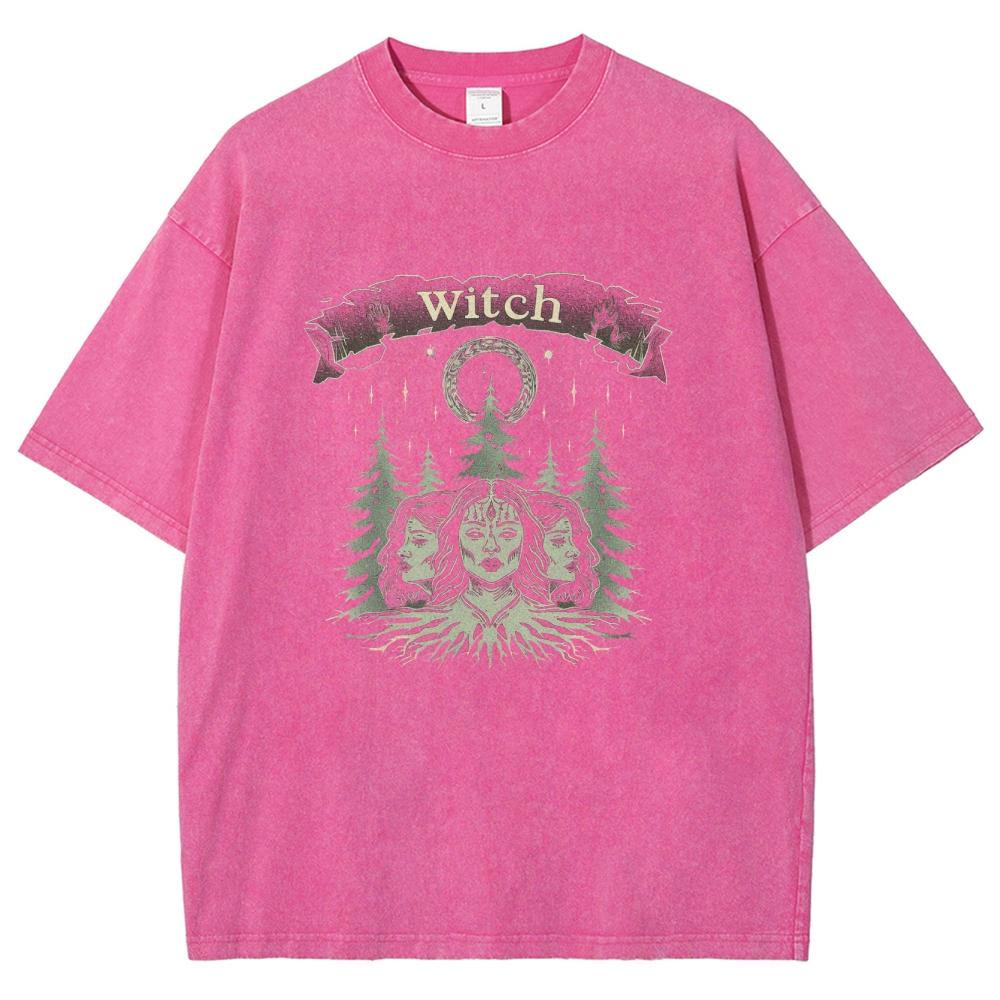 Vintage Style Three Witch Print Women's T-Shirt Oversized Washed Tees Summer Selling Unisex Niche Design Short Sleeve