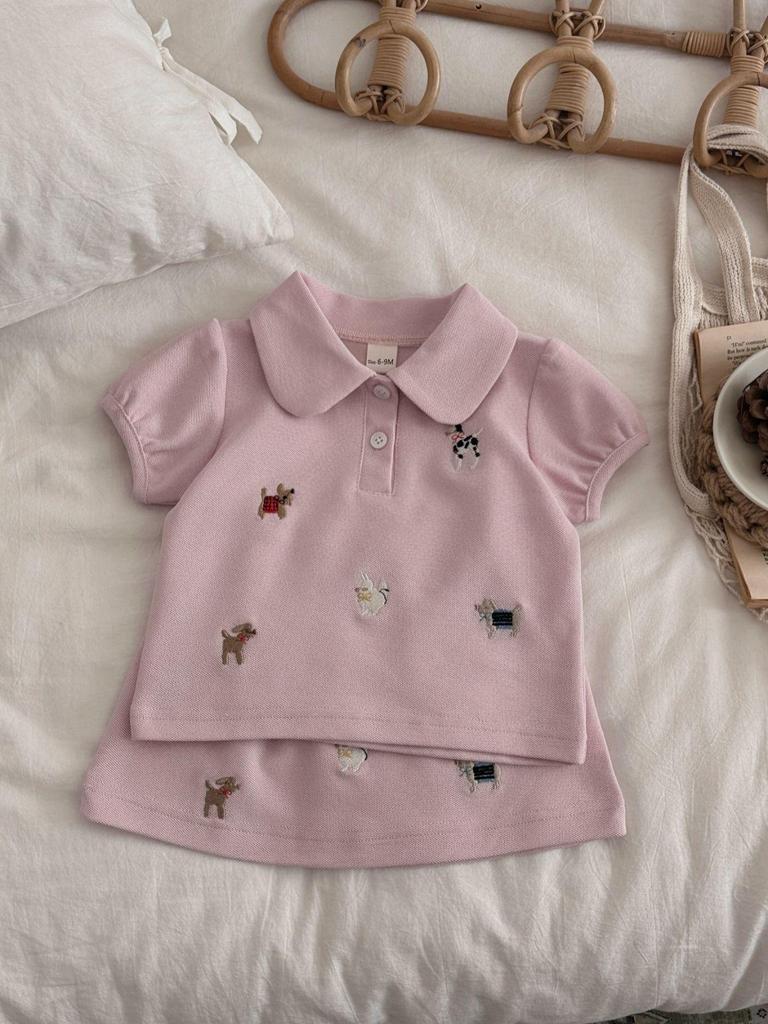 2026 Summer Girls Baby Pink Embroidered Puppy Polo Shirt & Skirt Set