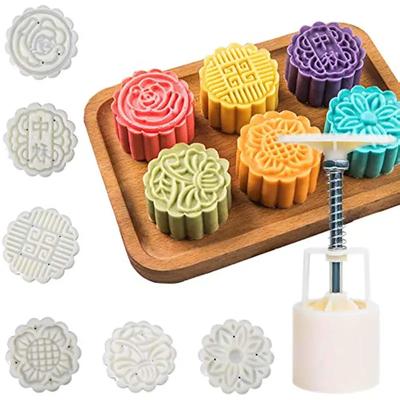 6ks Moon Cake Form - Ručne lisované pečiatky na koláčiky na sviatok polovice jesene - Kvetinové vzory - 1 forma, 6 pečiatok - 50 g