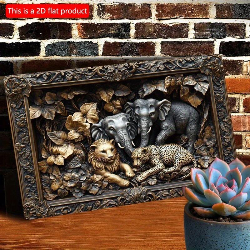 2D Flat Wooden Sign 30*20cm Vintage Elephant & Leopard Jungle Scene Wooden Wall Art Wooden Decorative Sign for Outdoor, Bathroom Decor Easy-to-Install