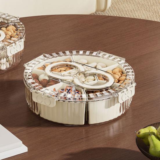 Refrigerator Storage Box with 6/7 Dividers Sealing Lid 360-Degree Rotating Tray Vegetables Shrimp Cocktails Party Appetizers Organizer