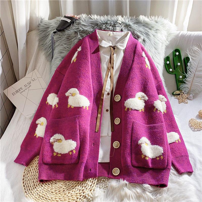 Winter Autumn Sweater Women Sweater Winter Color Matching Animal Pocket Cartoon Sheep Loose Women Cardigan Women