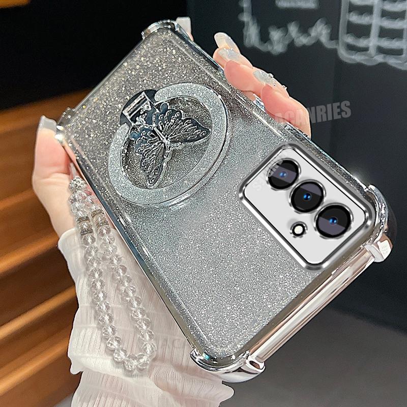 A 16 26 36 56 Butterfly Holder Lanyard Case For Samsung Galaxy A16 A26 A36 A56 5g A05s Plating Shockproof Silicone Stand Cover