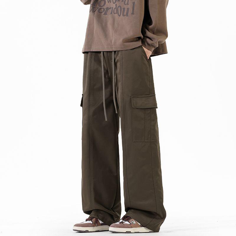 Solid color simple trendy brand splicing tooling casual pants men's trendy loose wide-leg straight elastic waist long pants men