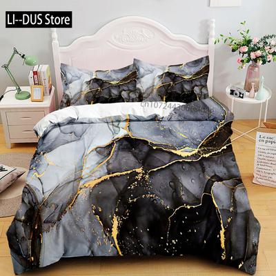 Juego de cama de mármol negro de lujo 3D Juego de funda nórdica Individual Doble Twin Tamaño Completo Adolescentes Adultos Ropa de cama Poliéster Suave