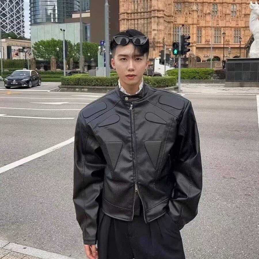 Men's High-Street Deconstructed Leather Jacket with Shoulder Pads - Cool Autumn Motorcycle Design