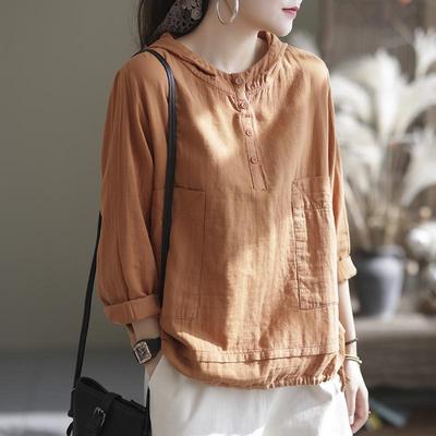 Dámske jednofarebné retro košeľa s dlhým rukávom a kapucňou vrecko na gombíky jednoduché voľné pohodlná blúzka