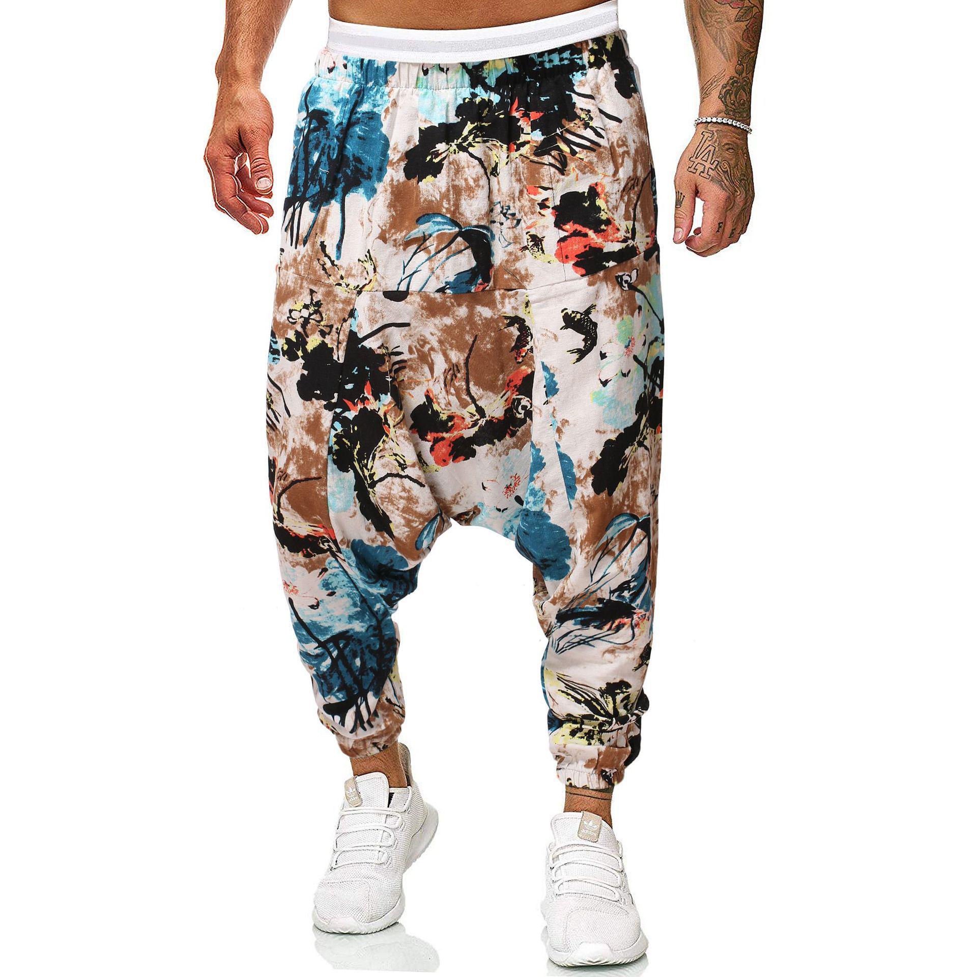 Chinese Style Men s Casual Printed Cotton Linen Harem Pants - Seven Colors, Trendy, Plus Size, Loose Fit XXXL жёлтый